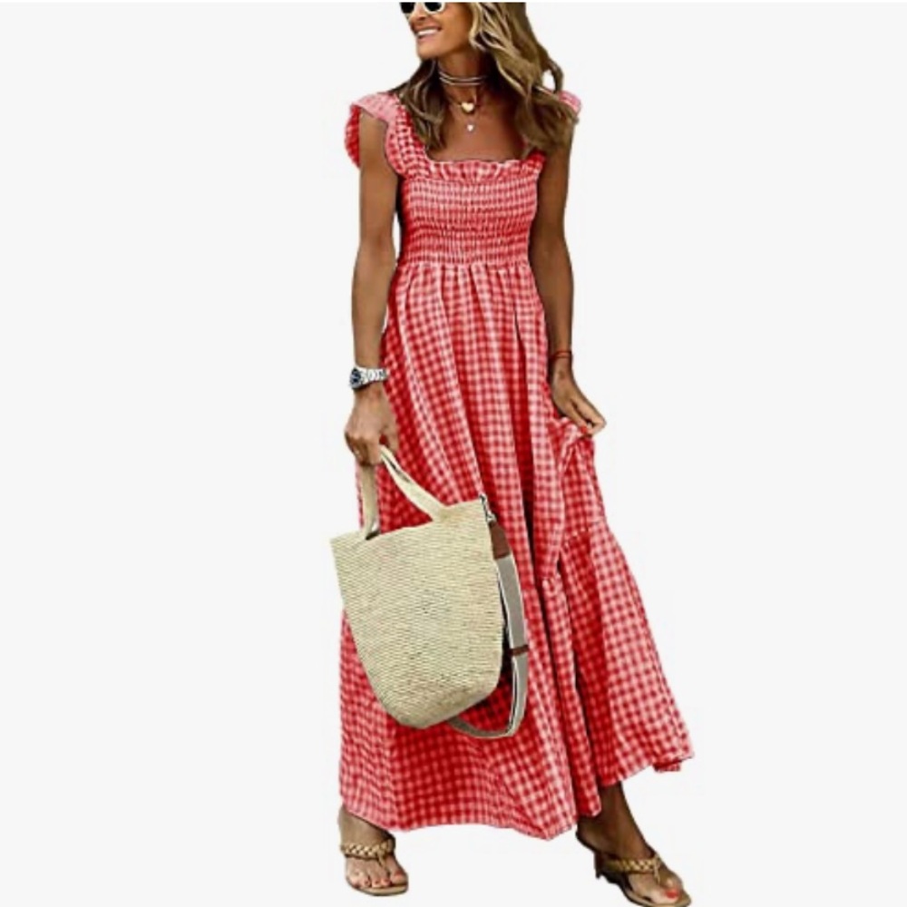 NWT Chouyatou M Retro Plaid Gingham Smocked Spaghetti Straps Flouncy Long Dress